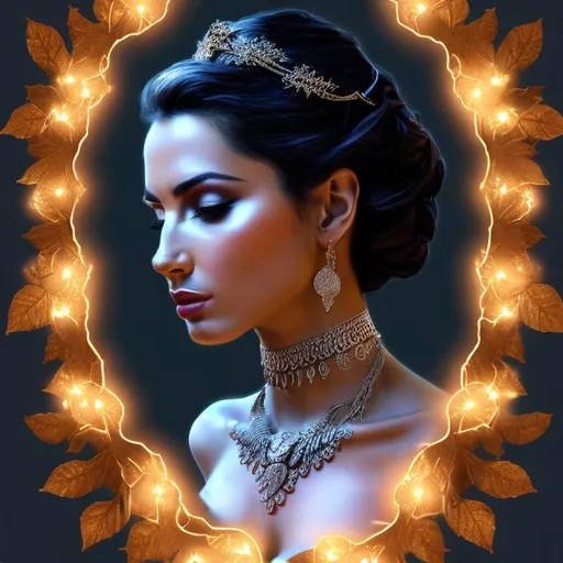 Prompt: HD 4k 3D, hyper realistic, professional modeling, ethereal Greek goddess, white pulled back hair, dark skin, gorgeous face, gorgeous wild grape leaves dress, pagan jewelry and diadem, full body, ambient glow, cult goddess, landscape nighttime ritual festival, detailed, alluring, elegant, ethereal, mythical, Greek, goddess, surreal lighting, majestic, goddesslike aura