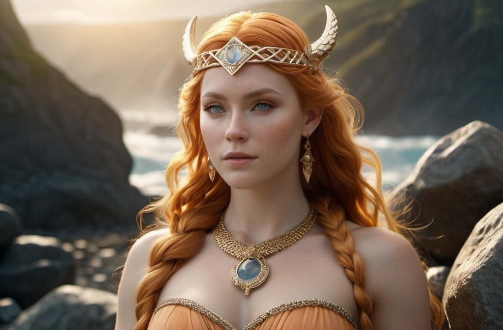 Prompt: Gersemi Norse Goddess of Treasure,  hyper realistic, HD 4k 3D, professional modeling, ethereal, light orange hair, beige freckled skin, gorgeous face, gorgeous jewelry and diadem, full body, surrounded by treasure and precious gems, ambient glow, landscape, detailed, elegant, ethereal, mythical, goddess, surreal lighting, majestic, goddesslike aura, Norse Mythology