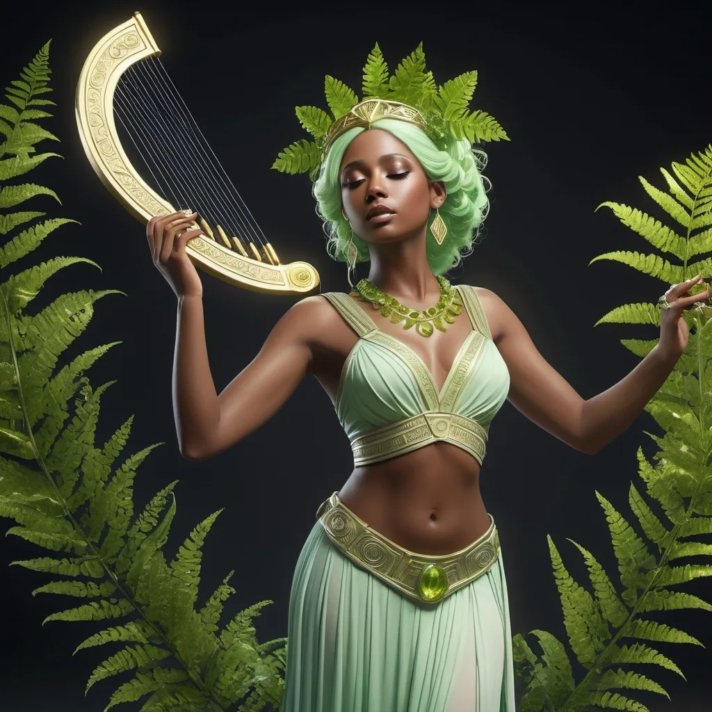 Prompt: HD 4k 3D, hyper realistic, professional modeling, ethereal Greek Muse of Dance, pale green hair, dark skin, gorgeous face, grecian two piece outfit, peridot jewelry and diadem, full body, dancer, playing lyre, surrounded by ferns, delight,  detailed, elegant, ethereal, mythical, Greek, goddess, surreal lighting, majestic, goddesslike aura