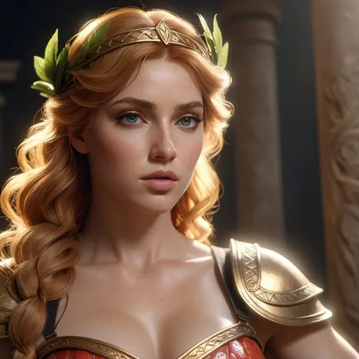 Prompt: HD 4k 3D, hyper realistic, professional modeling, enchanted strawberry blonde Greek Warrior Princess - Gabrielle, strong, beautiful, magical, bard, Rome, detailed, elegant, ethereal, mythical, Greek goddess, surreal lighting, majestic, goddesslike aura