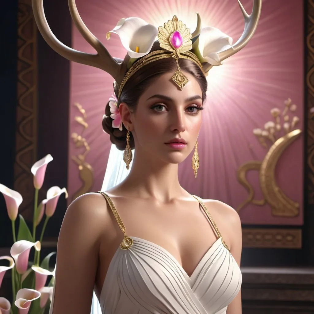 Prompt: HD 4k 3D, 8k, hyper realistic, professional modeling, ethereal Greek Goddess Princess of Mycenae, pink pulled back hair, pale skin, gorgeous glowing face, ornamental bridal dress, white gemstone jewelry and headband, strong, altar with calla lilies, standing next to stag deer, surrounded by ambient divinity glow, detailed, elegant, mythical, surreal dramatic lighting, majestic, goddesslike aura