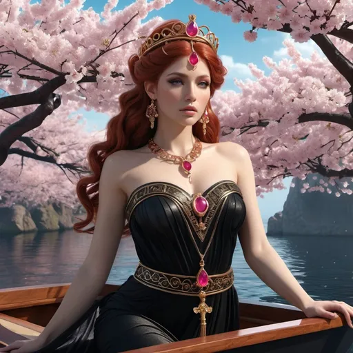 Prompt: HD 4k 3D, 8k, hyper realistic, professional modeling, ethereal Greek Goddess Princess of Thebes, red hair, fair skin, gorgeous glowing face, black dress, pink gemstone jewelry and tiara, riding in funeral boat adorned with cherry blossoms, surrounded by ambient divinity glow, detailed, elegant, mythical, surreal dramatic lighting, majestic, goddesslike aura