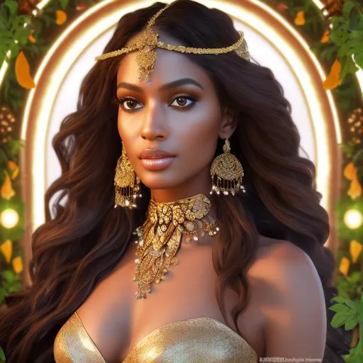 Prompt: HD 4k 3D, hyper realistic, professional modeling, ethereal Greek goddess of plants, brown hair, brown skin, plant gown, gorgeous face, gemstone jewelry and queen headpiece, full body, ambient glow, garden of eden, harvest fruits, blooming plants background, detailed, elegant, ethereal, mythical, Greek, goddess, surreal lighting, majestic, goddesslike aura