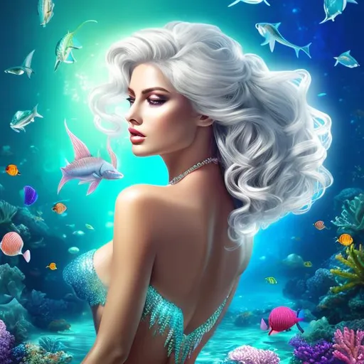 Prompt: HD 4k 3D 8k professional modeling photo hyper realistic beautiful woman ethereal greek goddess sea nymph 
white hair mixed skin gorgeous face ocean jewelry ocean tiara  mermaid tail full body surrounded by ambient glow hd landscape seals

