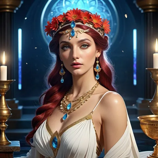 Prompt: HD 4k 3D, 8k, hyper realistic, professional modeling, ethereal Greek Goddess and Theban Oracle, red topsy tail hair, white skin, gorgeous glowing face, priestess gown, spinel jewelry and tiara, magical seer, spring of water by osteospermum flowers, fortune teller and diviner, surrounded by ambient divinity glow, detailed, elegant, mythical, surreal dramatic lighting, majestic, goddesslike aura