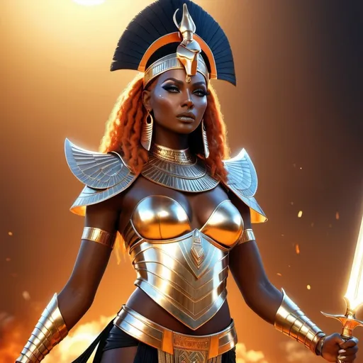 Prompt: HD 4k 3D, 8k, hyper realistic, professional modeling, ethereal Egyptian Goddess style, Feline Goddess of War, beautiful, standing on battlefield, glowing black skin, fiery orange hair, mythical armor, headpiece, full body, fierce and dangerous, Fantasy setting, surrounded by ambient divine glow, detailed, elegant, surreal dramatic lighting, majestic, goddesslike aura, octane render, artistic and whimsical