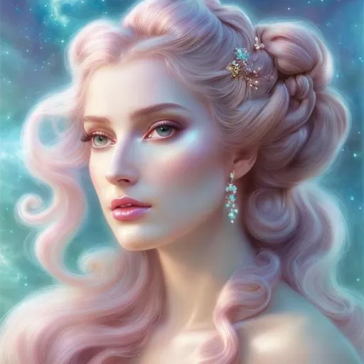 Prompt: HD 4k 3D, hyper realistic, professional modeling, ethereal Greek goddess of the Clouds, pink hair in double buns, gorgeous face, pale skin, gorgeous pastel gown, gemstone jewelry and tiara, pixie wings, full body, ambient glow, sitting in the colorful clouds, dazzling light, landscape, detailed, elegant, ethereal, mythical, Greek, goddess, surreal lighting, majestic, goddesslike aura