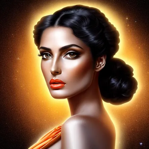 Prompt: HD 4k 3D, hyper realistic, professional modeling, ethereal Greek goddess of evening, black and white victory roll hair, dark skin, gorgeous face, golden orange velvet gown, evening jewelry and headband, full body, soft ambient yellow-orange glow of evening, alluring goddess, evening sky, birds in sky, detailed, elegant, ethereal, mythical, Greek, goddess, surreal lighting, majestic, goddesslike aura