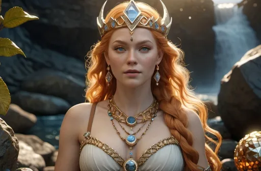 Prompt: Gersemi Norse Goddess of Treasure,  hyper realistic, HD 4k 3D, professional modeling, ethereal, light orange hair, beige freckled skin, gorgeous face, gorgeous jewelry and diadem, full body, surrounded by treasure and precious gems, ambient glow, landscape, detailed, elegant, ethereal, mythical, goddess, surreal lighting, majestic, goddesslike aura, Norse Mythology