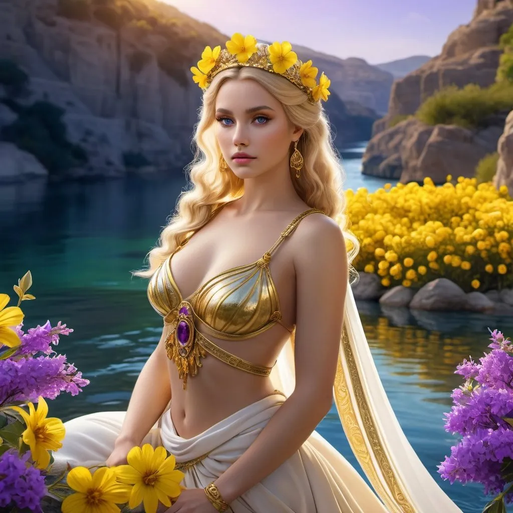 Prompt: HD 4k 3D 8k professional modeling photo hyper realistic beautiful woman princess ethereal greek goddess european nymph 
blonde hair fair skin gorgeous face  jewelry tiara  full body surrounded by ambient glow hd landscape river yellow and purple flowers vegetation

