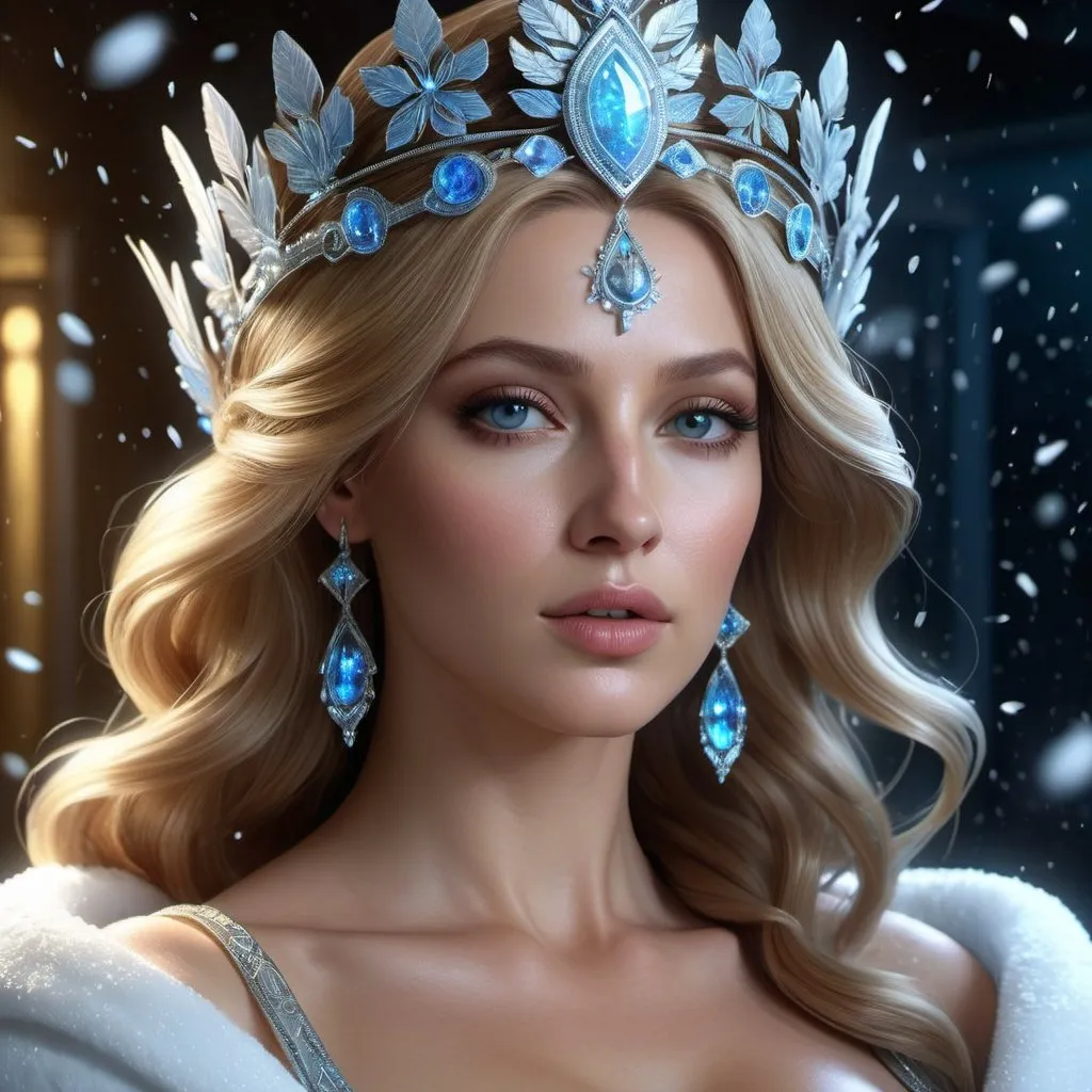 Prompt: HD 4k 3D, hyper realistic, professional modeling, enchanted Dutch snow goddess mythology Princess, beautiful, magical, detailed, highly realistic woman, modern Electronic DJ trance style, elegant, ethereal, mythical, Greek goddess, surreal lighting, majestic, goddesslike aura, Annie Leibovitz style 