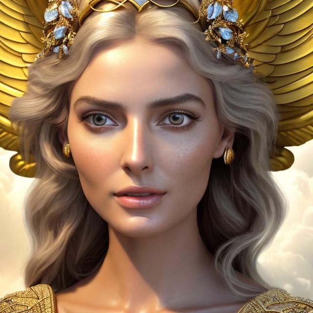 Prompt: HD 4k 3D 8k professional modeling photo hyper realistic beautiful woman ethereal greek goddess of victory
gold hair bright eyes gorgeous face dark freckled skin elegant greek dress with jewelry and headband holding laurel wreath gold sandals angel wings in flight close up surrounded by ambient glow hd landscape background she is in flight through the clouds close up
