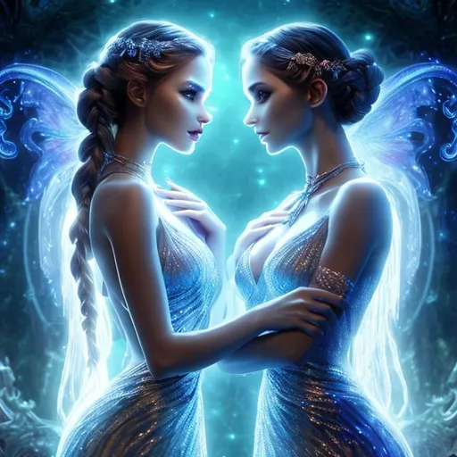 Prompt: HD 4k 3D 8k professional modeling photo hyper realistic two beautiful infernal nymphs women ethereal greek goddesses of the underworld
silver braided buns hair light eyes glittery pale skin gorgeous face mystical dress magical jewelry pixie wings carrying torches surrounded by mystical ambient glow hd landscape haunted underworld with sprites and glowing lights magic
