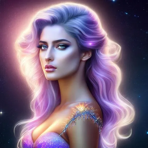 Prompt: HD 4k 3D, hyper realistic, professional modeling, ethereal Greek goddess of twilight, blue ombre hair, black skin, light purple and pink dress, gorgeous face, sparkling jewelry and diadem, full body, ambient glow of twilight, alluring sun goddess at morning light, music playing, detailed, elegant, ethereal, mythical, Greek, goddess, surreal lighting, majestic, goddesslike aura