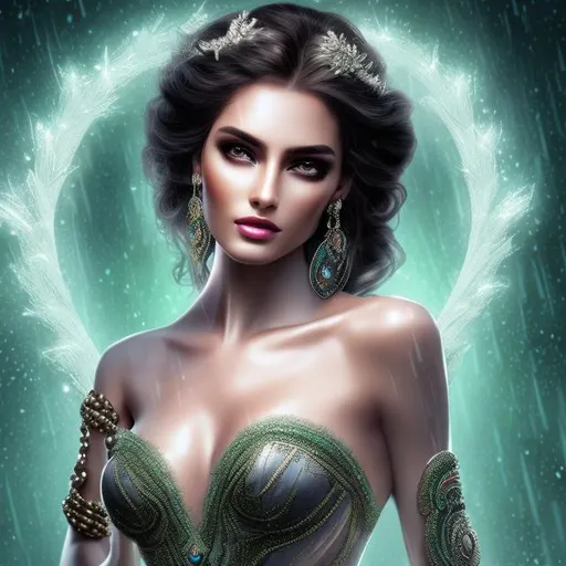 Prompt: HD 4k 3D 8k professional modeling photo hyper realistic beautiful woman ethereal greek goddess of misery
pale green wild hair gray eyes gorgeous face black skin silk greek dress with jewelry and gemstone headpiece full body surrounded by ambient glow hd landscape background standing in the raining gloomy underworld

