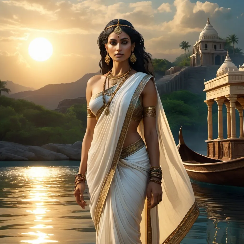 Prompt: HD 4k 3D 8k professional modeling photo hyper realistic beautiful woman enchanted Indian Princess Aouda, ethereal greek goddess, full body surrounded by ambient glow, magical, highly detailed, intricate, beautiful wearing a sari, boat on indian river, sorceress, ancient indian temples, outdoor landscape, highly realistic woman, high fantasy background, elegant, mythical, surreal lighting, majestic, goddesslike aura, Annie Leibovitz style 

