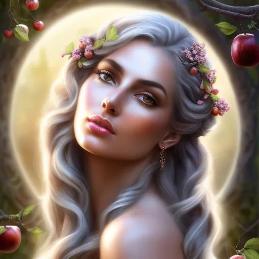 Prompt: HD 4k 3D, hyper realistic, professional modeling, ethereal mischievous Greek goddess of apple trees, light gray hair, mixed skin, gorgeous face, gorgeous tree inspired dress, rustic jewelry and tree headpiece, full body, ambient glow, fruit tree orchard, landscape, detailed, elegant, ethereal, mythical, Greek, goddess, surreal lighting, majestic, goddesslike aura