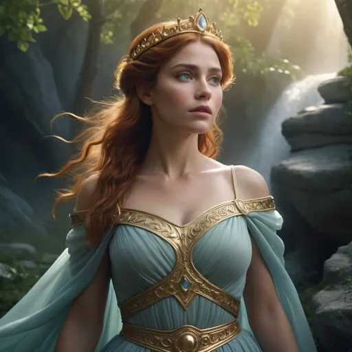 Prompt: HD 4k 3D, hyper realistic, professional modeling, enchanted Classic Princess - Fiona, strong, beautiful, magical, proud, high fantasy background, detailed, highly realistic woman, elegant, ethereal, mythical, Greek goddess, surreal lighting, majestic, goddesslike aura, Annie Leibovitz style 