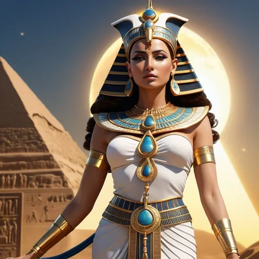 Prompt: HD 4k 3D, 8k, hyper realistic, professional modeling, ethereal Egyptian Queen Goddess Hathor, beautiful, glowing medium skin, brown hair, mythical clothing and jewelry, diadem, Goddess of the Sky, full body, powerful and vengeful, Sun and Sky in background, surrounded by ambient divine glow, detailed, elegant, surreal dramatic lighting, majestic, goddesslike aura