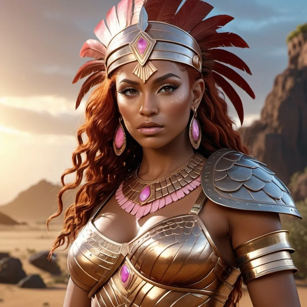 Prompt: HD 4k 3D, 8k, hyper realistic, professional modeling, ethereal Greek Goddess and Amazonian Queen, red hair, brown skin, gorgeous glowing face, Amazonian Warrior scales armor, pink jewelry and headpiece, Amazon warrior, tattoos, full body, sword and shield, african savannah, surrounded by ambient divine glow, detailed, elegant, mythical, surreal dramatic lighting, majestic, goddesslike aura