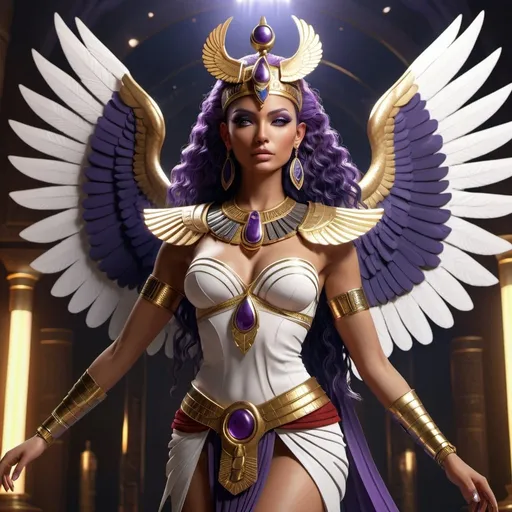 Prompt: HD 4k 3D, 8k, hyper realistic, professional modeling, ethereal Egyptian Goddess warrior style, beautiful with griffon wings, glowing beige skin, purple hair, mythical black, red, and white outfit and jewelry, diadem, full body, goddess of war, Fantasy setting, surrounded by ambient divine glow, detailed, elegant, surreal dramatic lighting, majestic, goddesslike aura, octane render, artistic and whimsical