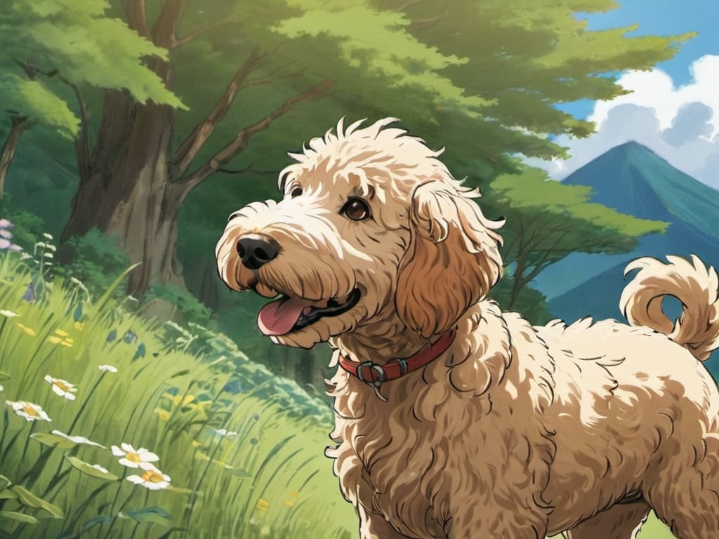 Prompt: 2d studio ghibli anime style, anime scene, goldendoodle