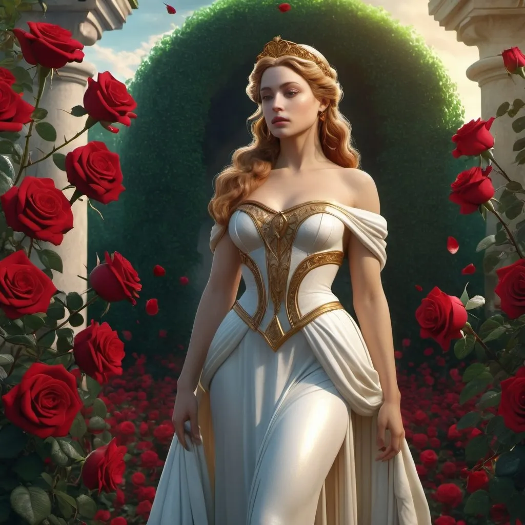 Prompt: HD 4k 3D, hyper realistic, professional modeling, enchanted French goddess mythology Princess, beautiful, magical, detailed, highly realistic woman, high fantasy French red rose garden landscape, elegant, ethereal, mythical, Greek goddess, surreal lighting, majestic, goddesslike aura, Annie Leibovitz style 