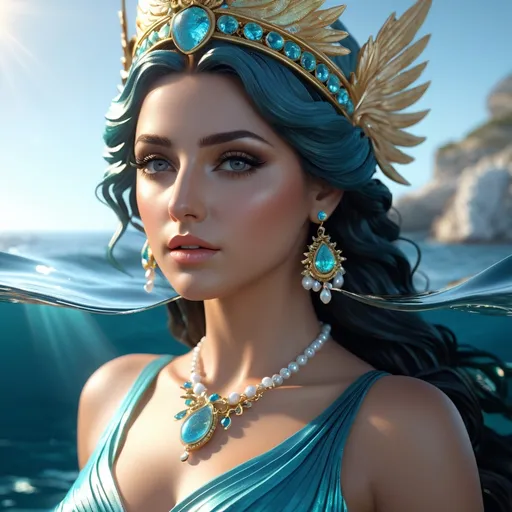 Prompt: Greek Siren/Water-Nymph Achelois 'she who drives away pain' hyper realistic, HD 4k 3D, professional modeling, ethereal, gorgeous face, Ocean and Greek jewelry and headpiece, ambient divine glow, detailed and intricate, elegant, ethereal, mythical, goddess, radiant lighting, majestic, goddesslike aura, she lives in the Ocean