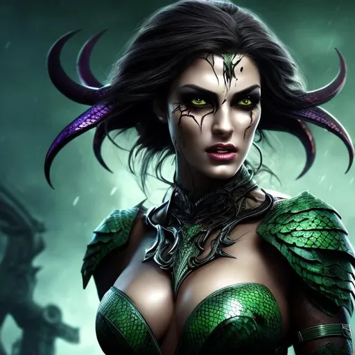 Prompt: HD 4k 3D 8k professional modeling photo hyper realistic beautiful woman ethereal greek fury of anger and madness
dark green snakes for hair dark eyes mixed skin gorgeous face fierce greek warrior blood splatter dress gothic jewelry large bat wings surrounded by ambient glow hd landscape background trojan war
