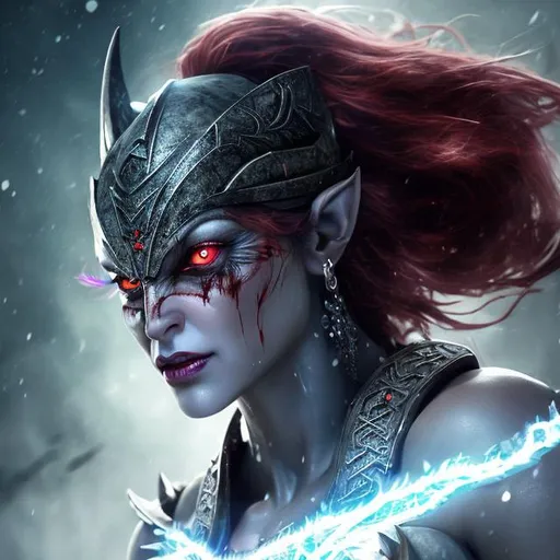 Prompt: HD 4k 3D 8k professional modeling photo hyper realistic beautiful barbarian demon woman ethereal greek goddess of mad rage and frenzy
dark gray hair red eyes gorgeous face pale skin scarred shiny tattered armored dress  full body surrounded by evil glow hd landscape background tough woman at night with falling snow and rabid wolves at her command