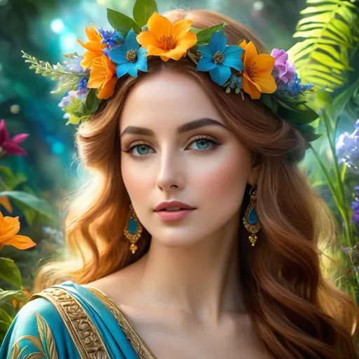 Prompt: Flora Roman Goddess of the Flowers and Spring, Pre-Raphaelite time-lapse motion blur Abstract* cyber graffiti, High resolution, detailed portrait, Midjourney style, ethereal atmosphere, flowing hair, captivating eyes, cosmic mystical aura, vibrant colors, soft lighting, professional, digital painting, enchanting presence, fantasy, dreamy, female, colorful, mystical, detailed hair, captivating gaze, professional lighting, hyper realistic, HD 4k 3D, professional modeling, ethereal, gorgeous face, flower and earth spirit, jewelry and floral crown, llush paradise garden, surrounded by flora, ambient divine glow, detailed and intricate, elegant, ethereal, mythical, goddess, radiant lighting, majestic, goddesslike aura