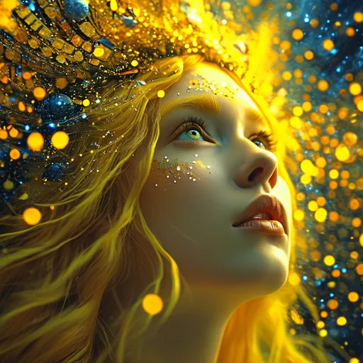 Prompt: Trivia, Yellow Goddess of Crossroads and Magic, Pre-Raphaelite time-lapse motion blur Abstract* cyber graffiti, High resolution, detailed portrait, Midjourney style, ethereal atmosphere, flowing hair, captivating eyes, cosmic mystical aura, vibrant colors, soft lighting, professional, digital painting, enchanting presence, fantasy, dreamy, female, mystical, detailed hair, captivating gaze, professional lighting, hyper realistic, HD 4k 3D, professional modeling, ethereal, gorgeous face, ambient divine glow, detailed and intricate, elegant, ethereal, mythical, goddess, radiant lighting, majestic, goddesslike aura