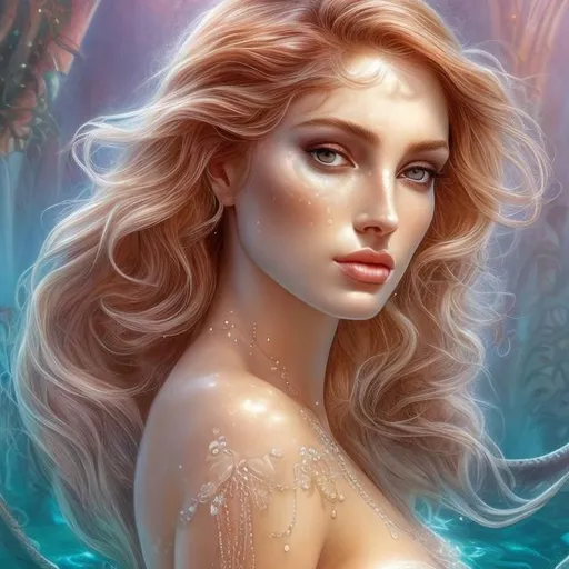 Prompt: HD 4k 3D, hyper realistic, professional modeling, ethereal Greek goddess of fresh water, red ombre hair, dark freckled skin, gorgeous face, gorgeous mermaid, freshwater jewelry and tiara, full body, ambient glow, river mermaid, landscape, detailed, elegant, ethereal, mythical, Greek, goddess, surreal lighting, majestic, goddesslike aura