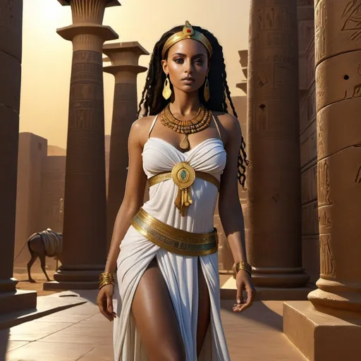 Prompt: HD 4k 3D 8k professional modeling photo hyper realistic beautiful woman enchanted Ethiopian slave Princess Aida, ethereal greek goddess, full body surrounded by ambient glow, magical, highly detailed, intricate, beautiful Egypt, operetta, outdoor landscape, highly realistic woman, high fantasy background, elegant, mythical, surreal lighting, majestic, goddesslike aura, Annie Leibovitz style 

