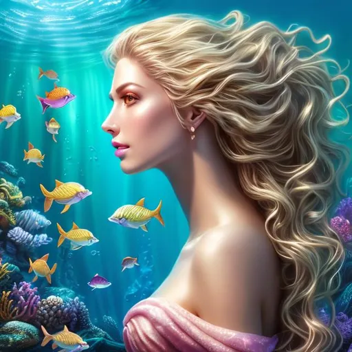 Prompt: HD 4k 3D 8k professional modeling photo hyper realistic beautiful woman ethereal greek goddess mermaid and queen of the sea
long pink wavy hair dark eyes tan skin gorgeous face regal robes regal sea jewelry regal sea crown trident mermaid tail full body surrounded by ambient glow hd landscape beautiful vibrant seascape seahorses, dolphins, seals, fish
