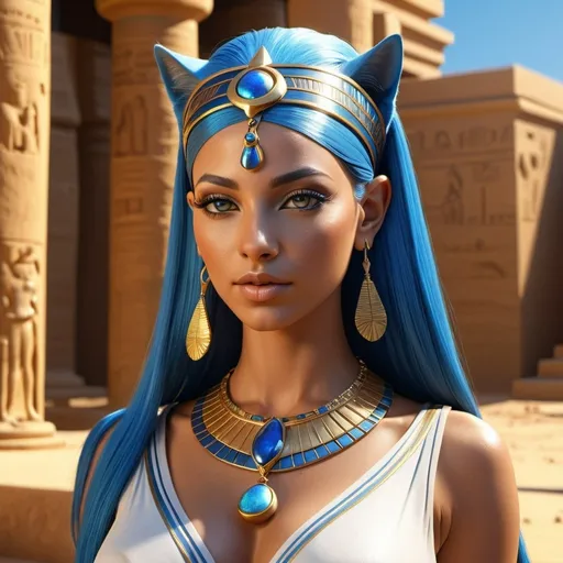 Prompt: HD 4k 3D, 8k, hyper realistic, professional modeling, ethereal Egyptian Sun Goddess Bastet, beautiful, glowing tan skin, blue hair, mythical clothing and jewelry, headband, catlike full body, cat companions, sunshine, surrounded by ambient divine glow, detailed, elegant, surreal dramatic lighting, majestic, goddesslike aura