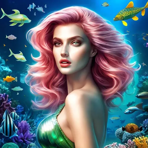 Prompt: HD 4k 3D 8k professional modeling photo hyper realistic beautiful evil woman ethereal greek goddess mermaid
green hair gorgeous face starfish  jewelry starfish diadem mermaid tail full body surrounded by ambient glow hd landscape underwater kelp forest 

