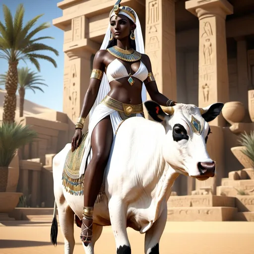 Prompt: HD 4k 3D, 8k, hyper realistic, professional modeling, ethereal Egyptian Cow Goddess Hesat, beautiful, glowing dark skin, white hair, mythical clothing and jewelry, headband, cow goddess, full body, riding a white cow in a beautiful oasis, Fantasy setting, surrounded by ambient divine glow, detailed, elegant, surreal dramatic lighting, majestic, goddesslike aura, octane render