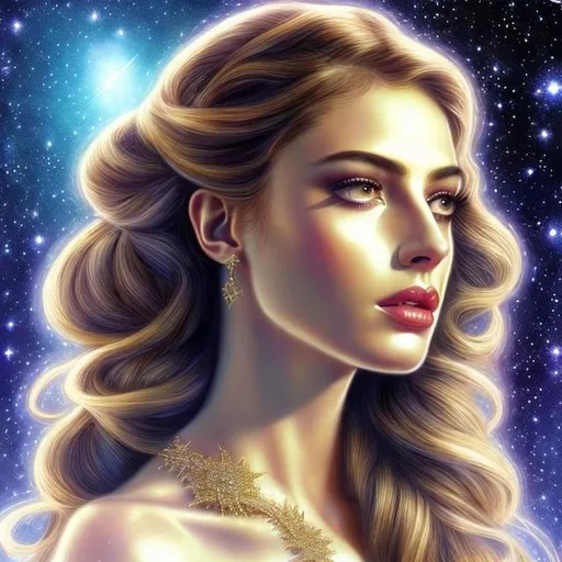 Prompt: HD 4k 3D, hyper realistic, professional modeling, ethereal Greek goddess of the stars, gold braided hair, olive freckled skin, gorgeous face, gorgeous shimmering dress,  shimmering jewelry and headpiece of stars, fairy wings, full body, ambient starlight glow, cosmos asteroid belt, dazzling light, landscape, detailed, elegant, ethereal, mythical, Greek, goddess, surreal lighting, majestic, goddesslike aura