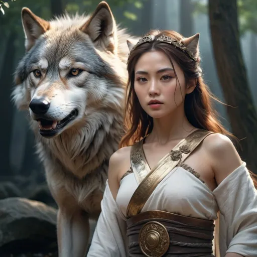 Prompt: HD 4k 3D, hyper realistic, professional modeling, enchanted Japanese Warrior Princess - San, strong, beautiful, magical, wolves, high fantasy background, detailed, highly realistic woman, elegant, ethereal, mythical, Greek goddess, surreal lighting, majestic, goddesslike aura, Annie Leibovitz style 