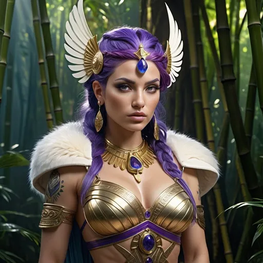 Prompt: HD 4k 3D, 8k, hyper realistic, professional modeling, ethereal Greek Goddess and Amazonian Queen, purple hair, ivory skin, gorgeous glowing face, Amazonian Warrior fur armor, sapphire jewelry and diadem, Amazon warrior, tattoos, full body, hunter, bamboo forest, surrounded by ambient divine glow, detailed, elegant, mythical, surreal dramatic lighting, majestic, goddesslike aura