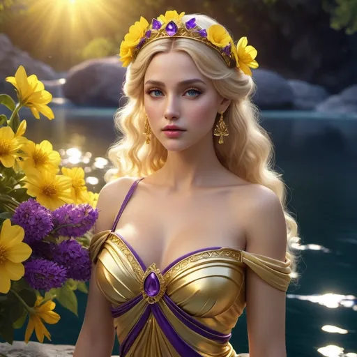 Prompt: HD 4k 3D 8k professional modeling photo hyper realistic beautiful woman princess ethereal greek goddess european nymph 
blonde hair fair skin gorgeous face  jewelry tiara  full body surrounded by ambient glow hd landscape river yellow and purple flowers vegetation

