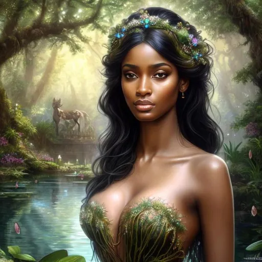 Prompt: HD 4k 3D, hyper realistic, professional modeling, ethereal Greek goddess, black hair, mixed skin, gorgeous face, gorgeous wild foliage dress, rustic jewelry and tiara, full body, ambient glow, forest nymph, landscape she's next to pond with lilypads, detailed, elegant, ethereal, mythical, Greek, goddess, surreal lighting, majestic, goddesslike aura