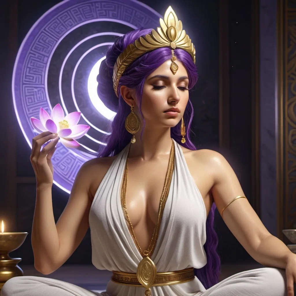 Prompt: HD 4k 3D, hyper realistic, professional modeling, ethereal Greek Muse of Meditation, bright purple hair, olive skin, gorgeous face, grecian robes, lotus jewelry and diadem, full body, embodiment of meditation, yoga pose, beautiful form, tranquility, detailed, elegant, ethereal, mythical, Greek, goddess, surreal lighting, majestic, goddesslike aura