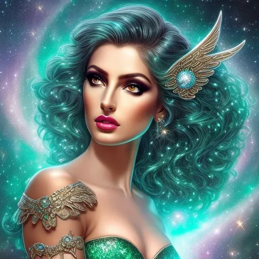 Prompt: HD 4k 3D, hyper realistic, professional modeling, ethereal Greek goddess of the stars, emerald green hair, mixed skin, gorgeous face, gorgeous dark metallic glittering dress,  dark glittering metallic jewelry and tiara of stars, angel wings, full body, ambient starlight glow, dark star, dark cosmos, black hole, dazzling light, landscape, detailed, elegant, ethereal, mythical, Greek, goddess, surreal lighting, majestic, goddesslike aura