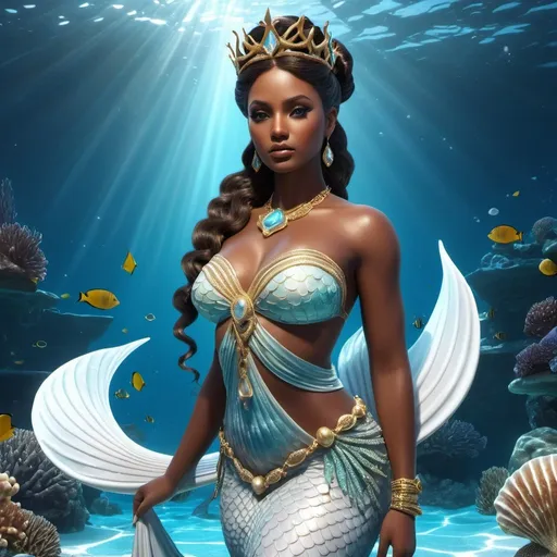 Prompt: HD 4k 3D, hyper realistic, professional modeling, ethereal Greek Sea Goddess and Princess, brunette double buns, dark skin, gorgeous face, mermaid tail, jasper jewelry and starfish crown, full body, Queen of the Sea, white goddess, powerful and strong, surrounded by divine glow, detailed, elegant, ethereal, mythical, Greek, goddess, surreal lighting, majestic, goddesslike aura