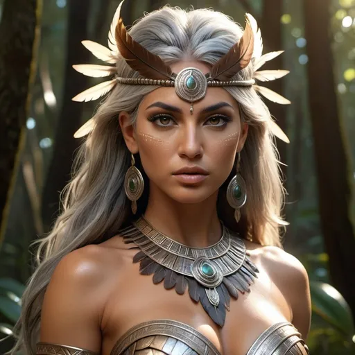 Prompt: HD 4k 3D, 8k, hyper realistic, professional modeling, ethereal Greek Goddess and Amazonian Warrior, silver hair, olive skin, gorgeous glowing face, Amazonian Warrior armor, brown bronzite jewelry and diadem, Amazon warrior, tattoos, full body, wild forest, adorned with brown feathers, agile and athletic, surrounded by ambient divine glow, detailed, elegant, mythical, surreal dramatic lighting, majestic, goddesslike aura
