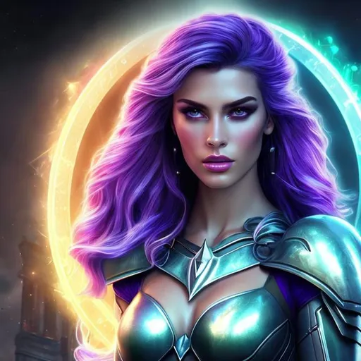 Prompt: HD 4k 3D 8k professional modeling photo hyper realistic beautiful  woman ethereal greek goddess of thunder
green blue and purple hair olive skin gorgeous face shining silver armor shield silver jewelry cloudy headpiece fairy wings full body surrounded by ambient glow hd landscape power of mighty thunder and clouds

