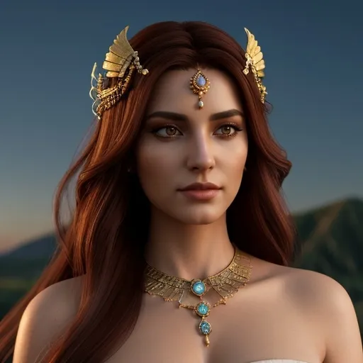 Prompt: Cassandra, evil Greek witch, Trojan priestess dedicated to the god Apollo and fated by him to utter true prophecies but never to be believed, hyper realistic, HD 4k 3D, professional modeling, ethereal, auburn orange hair, mixed skin, gorgeous face, jewelry and headpiece, Troy landscape, ambient divine glow, detailed and intricate, elegant, ethereal, mythical, goddess, radiant lighting, majestic, goddesslike aura