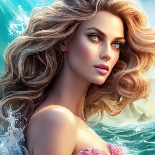 Prompt: HD 4k 3D 8k professional modeling photo hyper realistic beautiful woman ethereal greek goddess mermaid and queen of the sea
long pink wavy hair dark eyes tan skin gorgeous face regal robes regal sea jewelry regal sea crown trident mermaid tail full body surrounded by ambient glow hd landscape beautiful vibrant seascape seahorses, fish, dolphin
